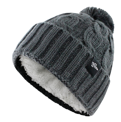 Women’s knit cable beanie with plush lining and folded cuff, gray knit pom-pom top