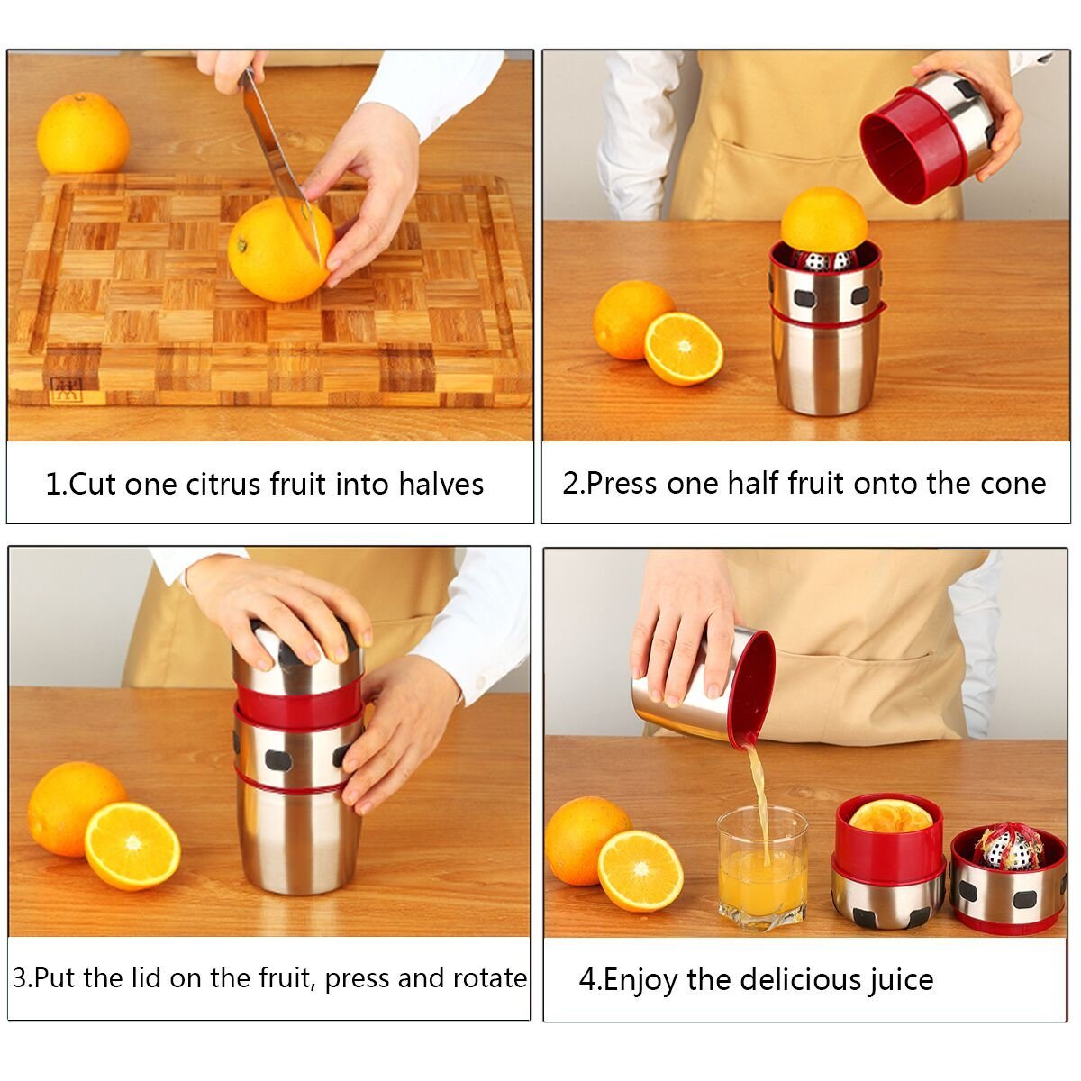 Manual citrus juicer in use, red lid pressing orange halves into stainless cup