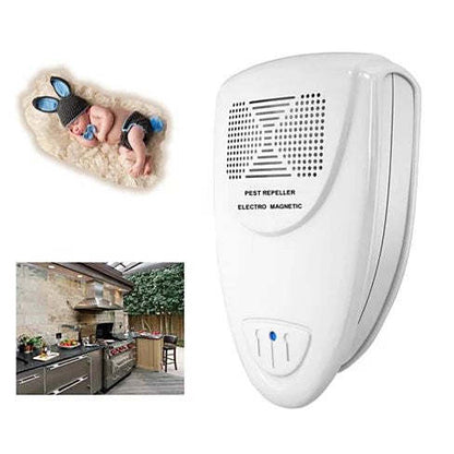 White wall pest repeller with speaker grille and blue power light