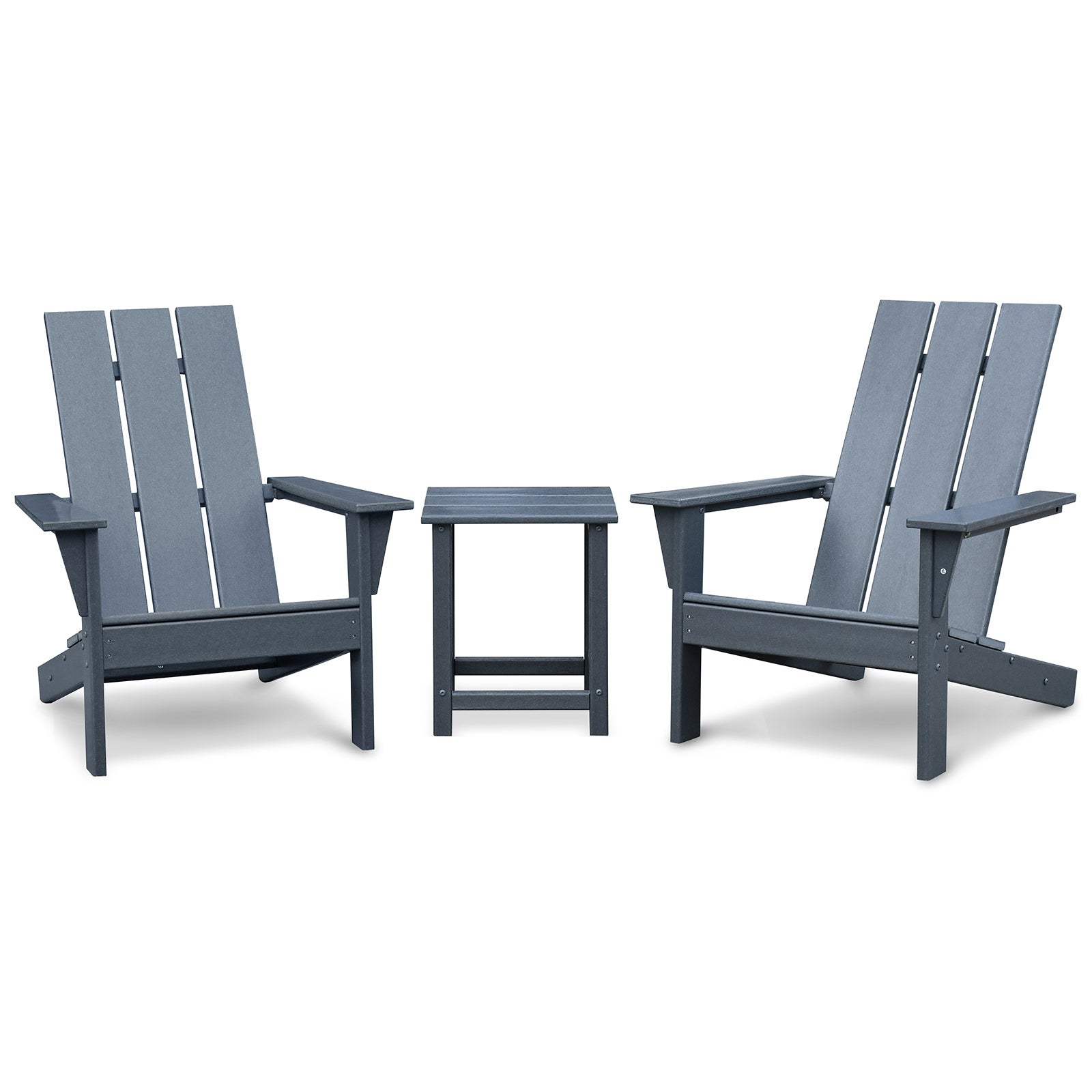Dark grey outdoor Adirondack chair set with two chairs and a matching side table