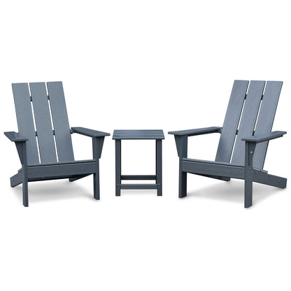 Dark grey outdoor Adirondack chair set with two chairs and a matching side table