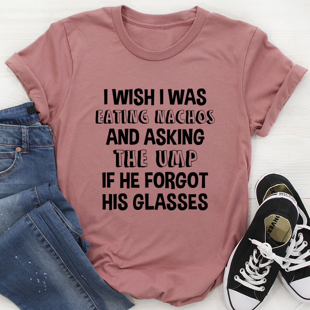 Mauve crewneck T-shirt with large black slogan graphic on the front.