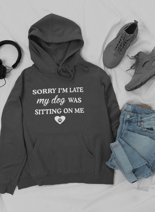 Dark gray hoodie with kangaroo pocket, drawstring hood, and dog slogan graphic