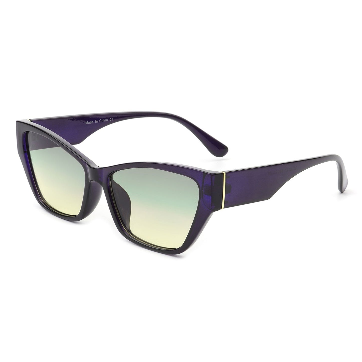 Square retro cat-eye sunglasses, purple frame, light green tinted lenses, slim temples