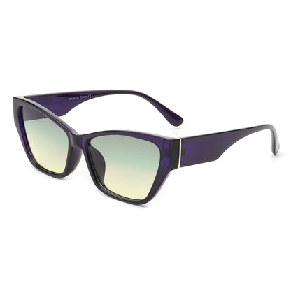 Square retro cat-eye sunglasses, purple frame, light green tinted lenses, slim temples