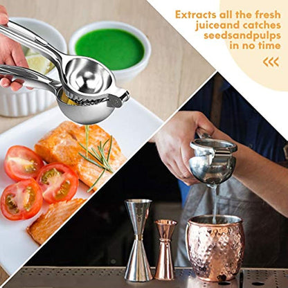 Handheld stainless steel citrus juicer extracting from lemon over container