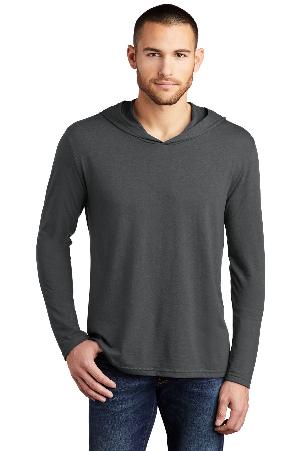 Men's long sleeve tri-blend hoodie, dark gray pullover hood with kangaroo pocket