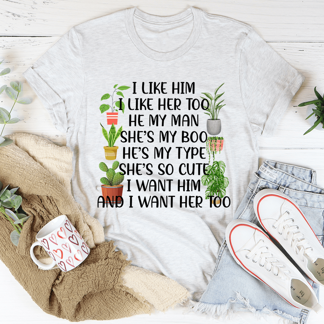 Light gray crew-neck T-shirt featuring a colorful plant graphic