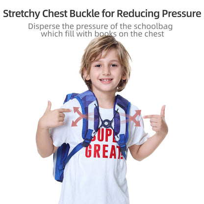 Blue children’s school backpack with front chest buckle and adjustable straps