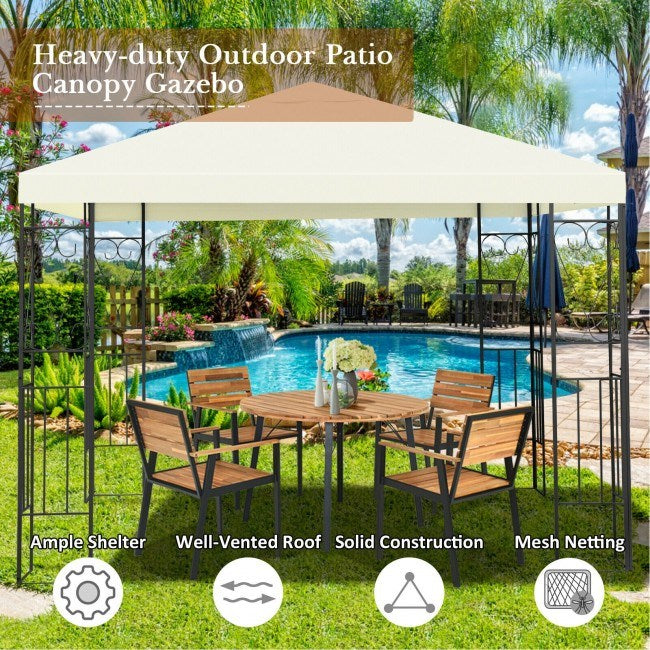 Patio gazebo canopy tent with cream top and black metal open side panels