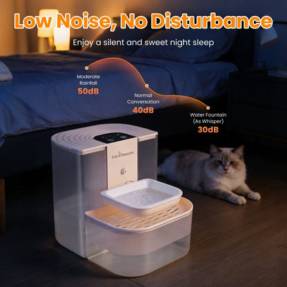 Beige cordless automatic pet water fountain on the floor with a resting cat nearby