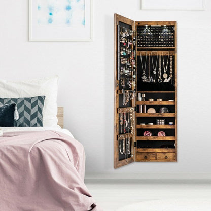 Mirrored jewelry cabinet with lights, open door showing necklace hooks and organizer shelves