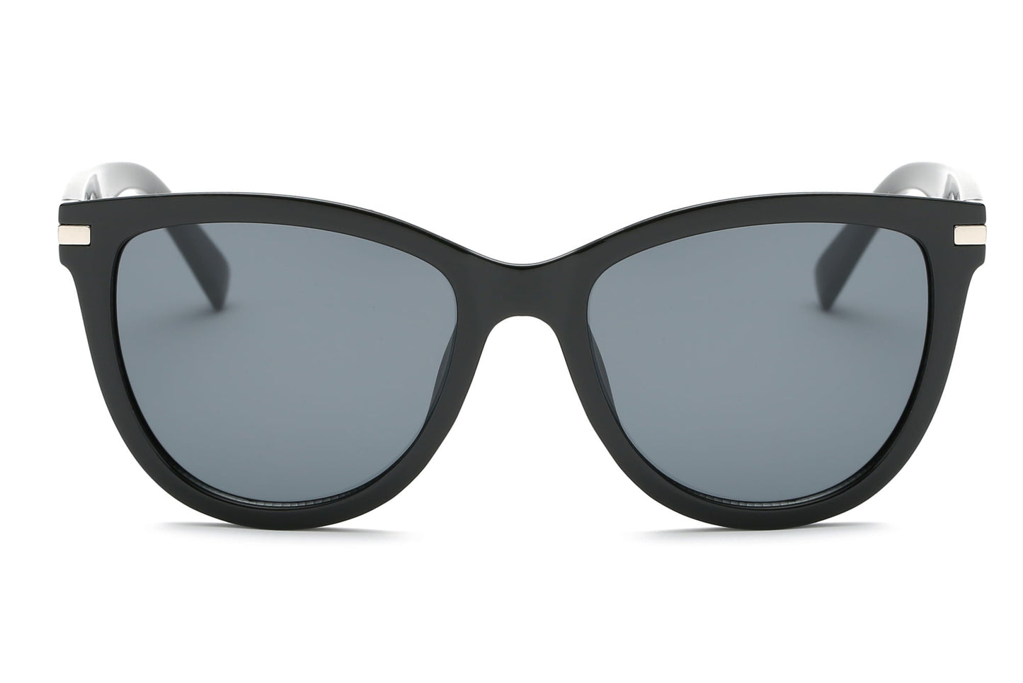 Cat-eye sunglasses with black frames and blue-gray lenses