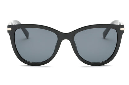 Cat-eye sunglasses with black frames and blue-gray lenses