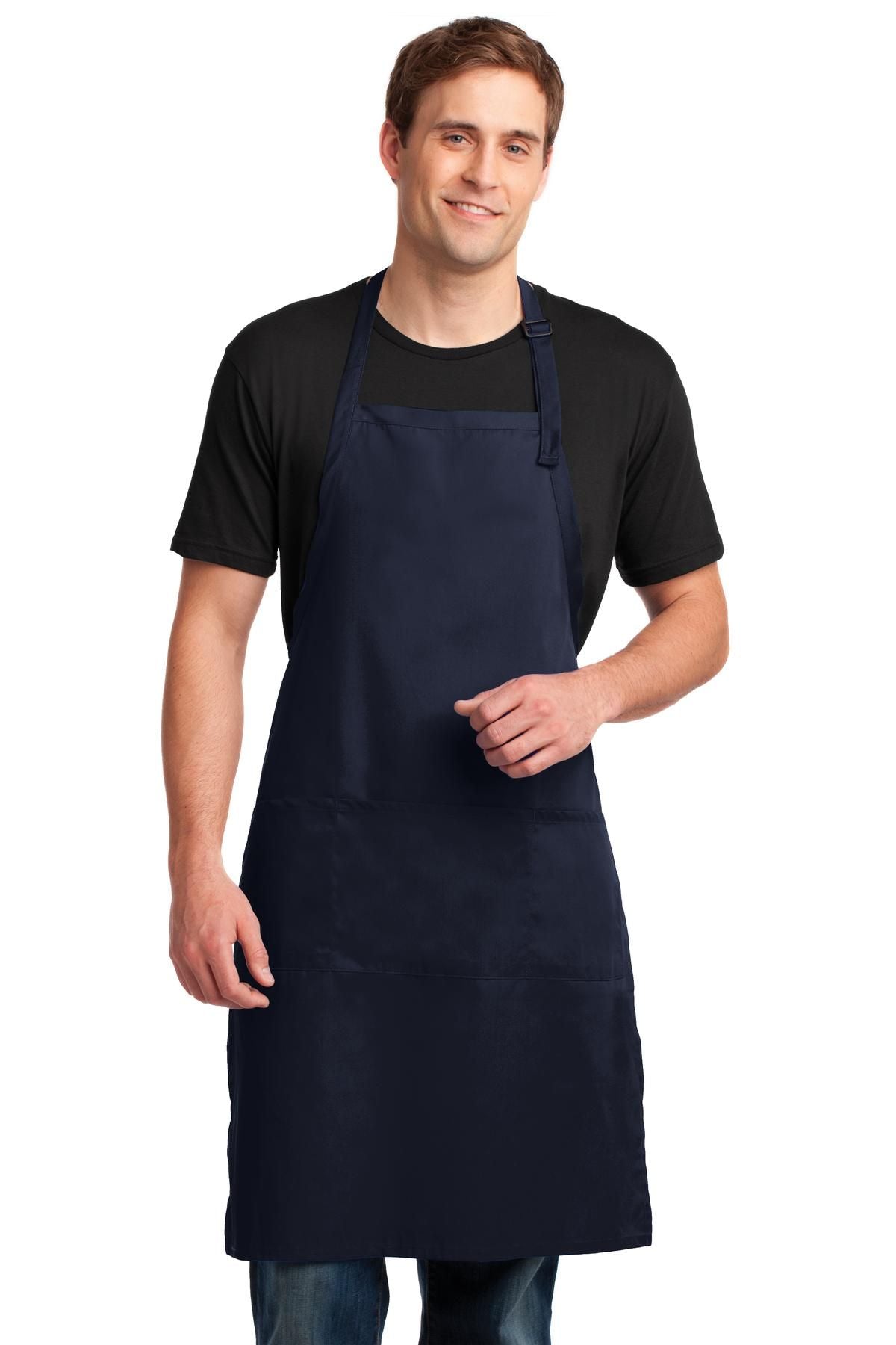 Navy bib apron with front pocket and adjustable neck strap