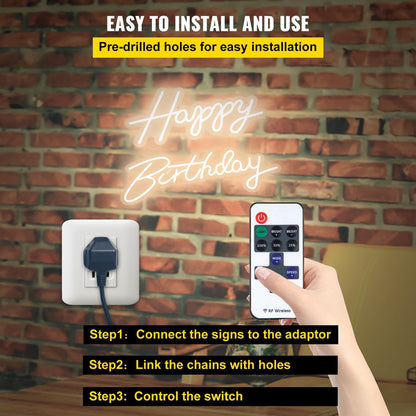 VEVOR Happy Birthday Neon Sign, 18" x 8" & 26" x 7.5" LED Neon Lights Signs, Adjustable Brightness with Dimmer Switch and Power Adapter, Reusable for Party, Club, Celebration and Decoration Warm White