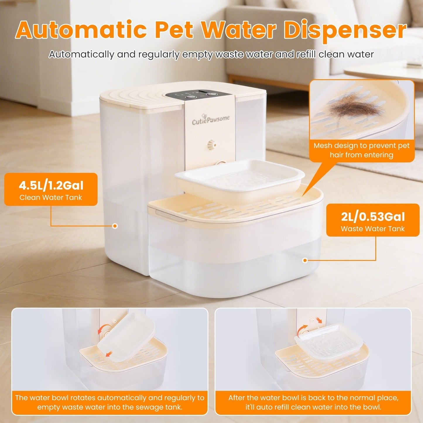 Beige automatic pet water fountain with front basin and open top housing