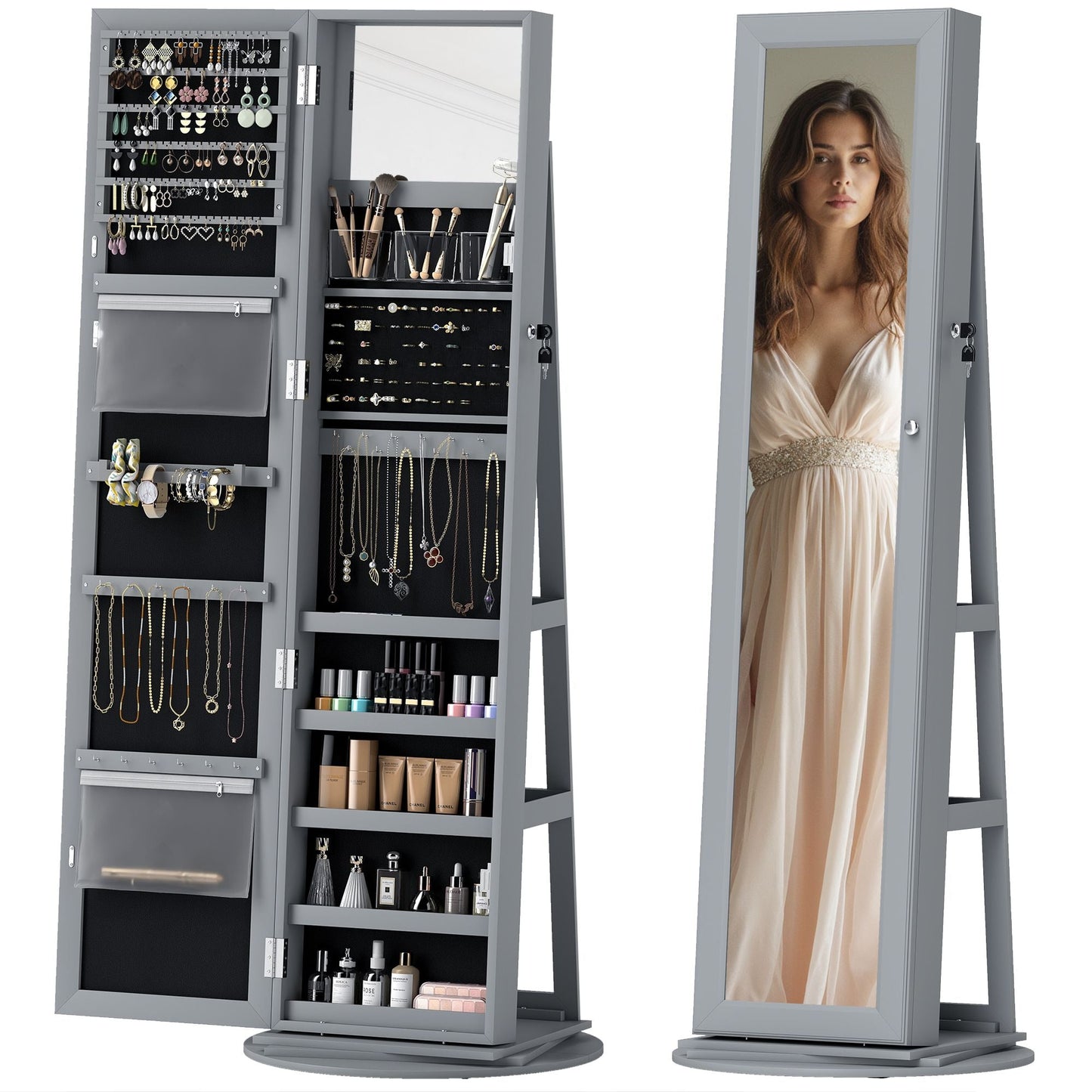 HOMCOM 360° Swivel Jewelry Armoire, Lockable Jewelry Cabinet with Full-Length Mirror, Storage Shelves, Gray