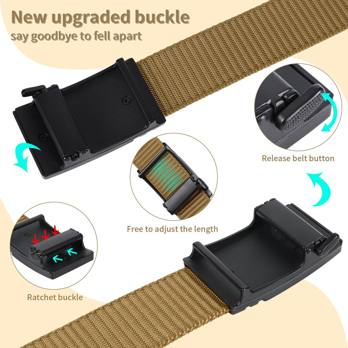 Olive nylon ratchet belt with black automatic buckle close-up