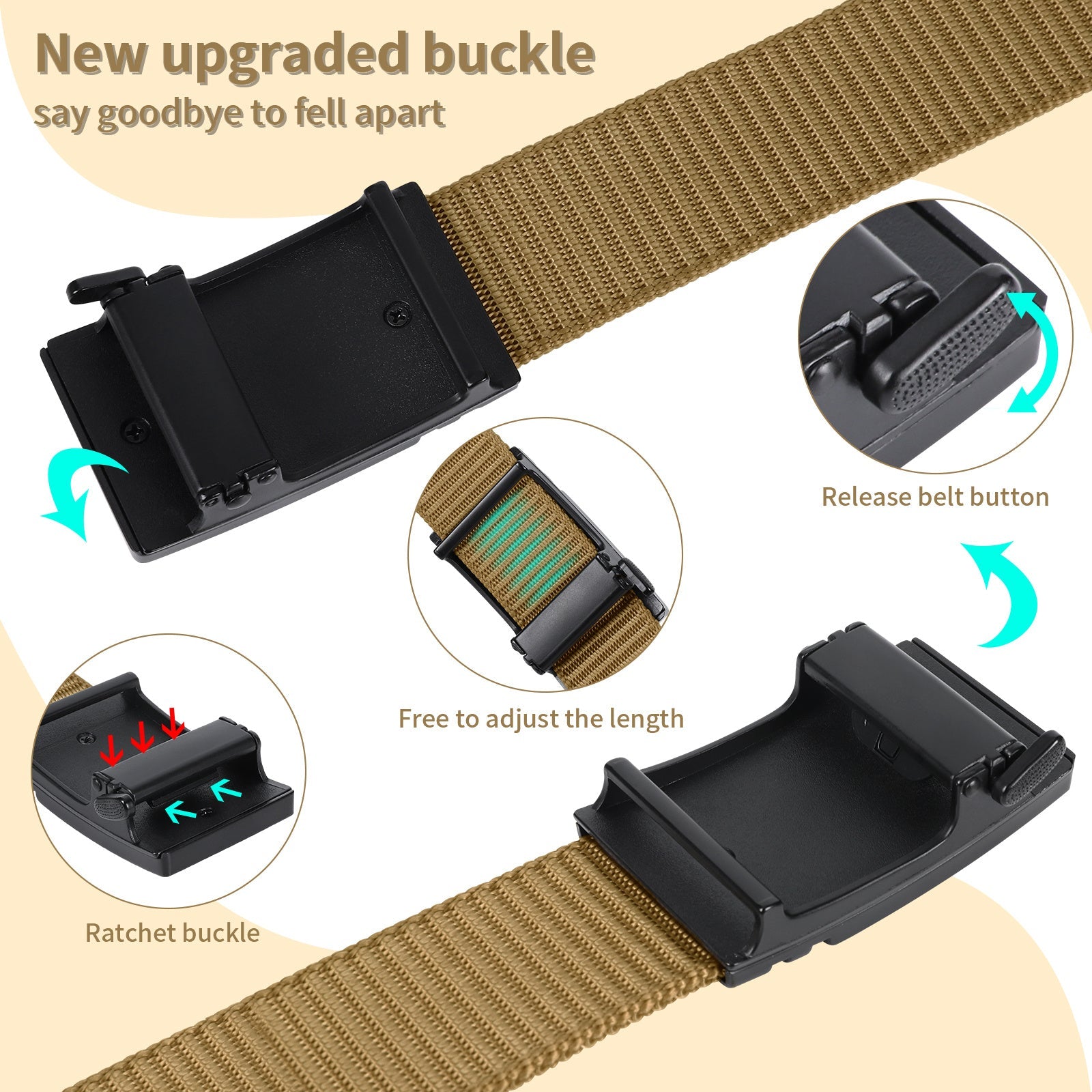 Olive nylon ratchet belt with black automatic buckle close-up