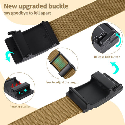 Olive nylon ratchet belt with black automatic buckle close-up