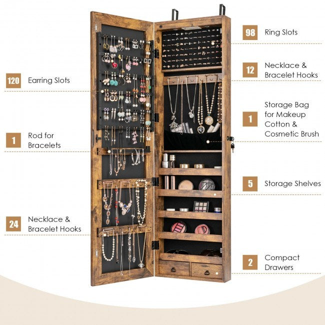 Mirrored jewelry cabinet with hinged doors, ring slots, hooks, shelves, drawers, lights