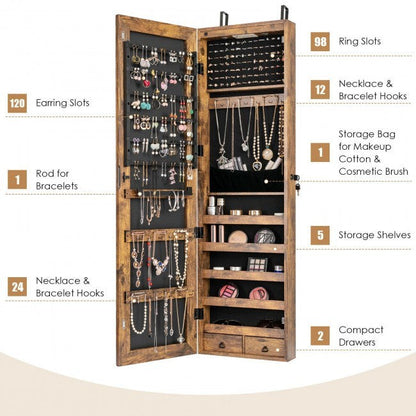 Mirrored jewelry cabinet with hinged doors, ring slots, hooks, shelves, drawers, lights