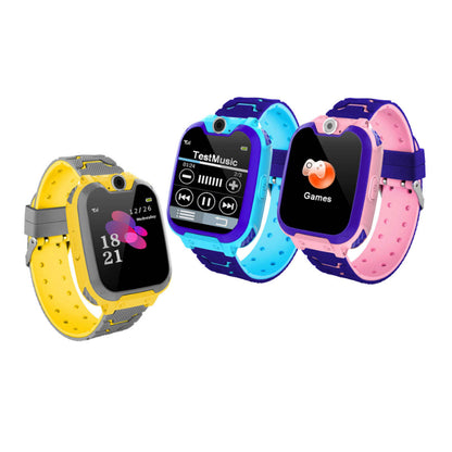Kid's smart watches set in yellow, blue, and pink, each with dark display and straps.