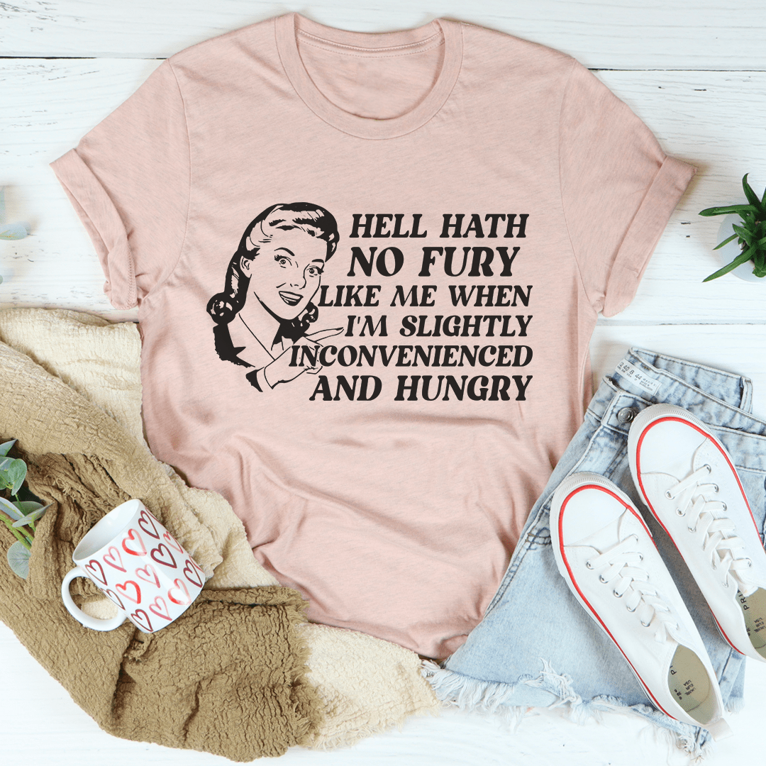 Mauve crew-neck T-shirt with black graphic front and woman illustration