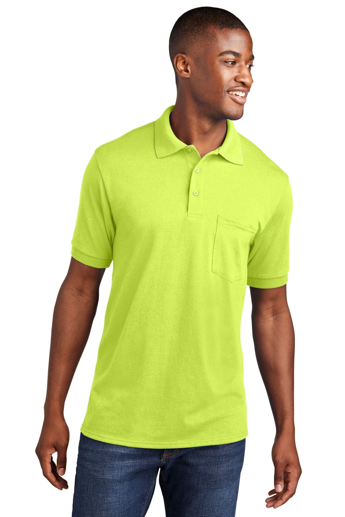 Lime green jersey knit polo shirt with chest pocket and button placket