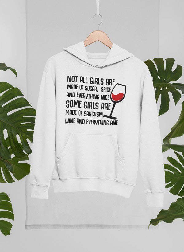 White pullover hoodie with front text graphic and kangaroo pocket.