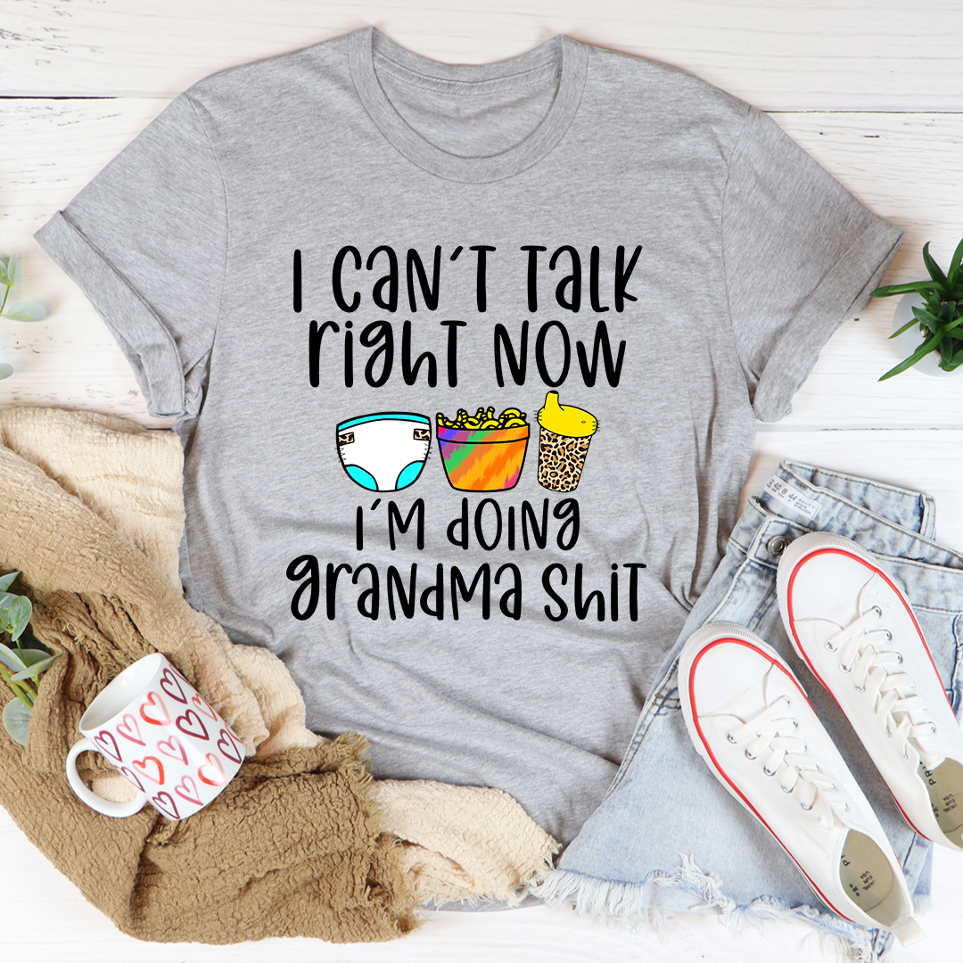 Heather gray short-sleeve T-shirt with front graphic text and sunglasses, cup, and mug icons