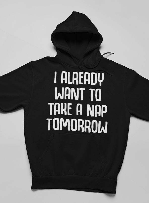Black pullover hoodie with front text graphic and adjustable hood