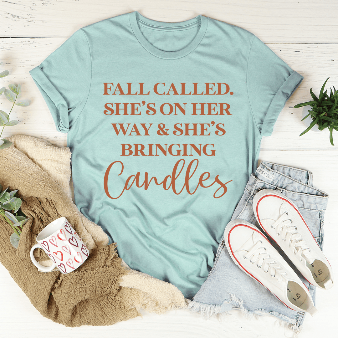 Dusty teal graphic T-shirt with fall candle quote lettering