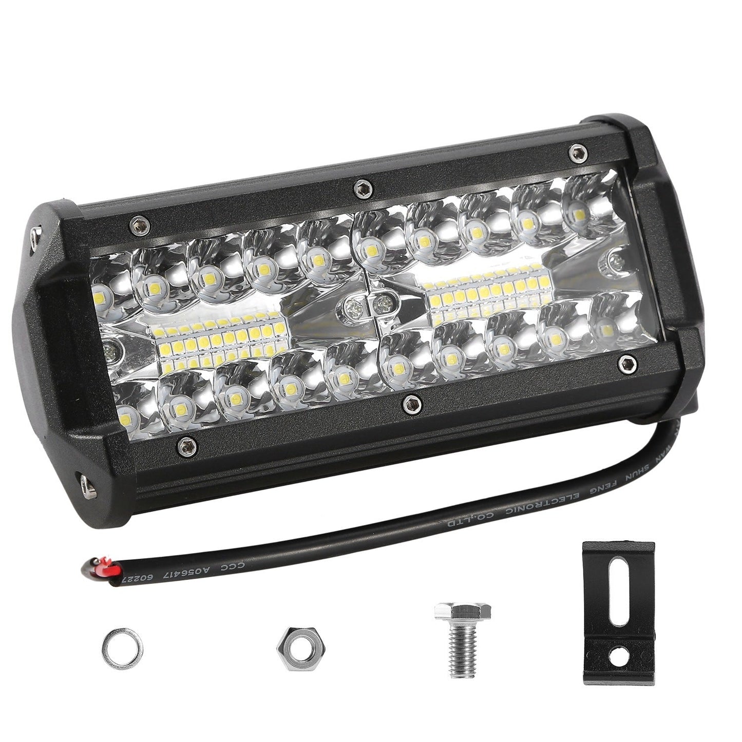 Black 7-inch LED light bar work light with front multi-lens array and mounting screws