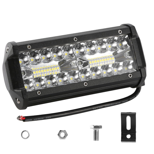 Black 7-inch LED light bar work light with front multi-lens array and mounting screws