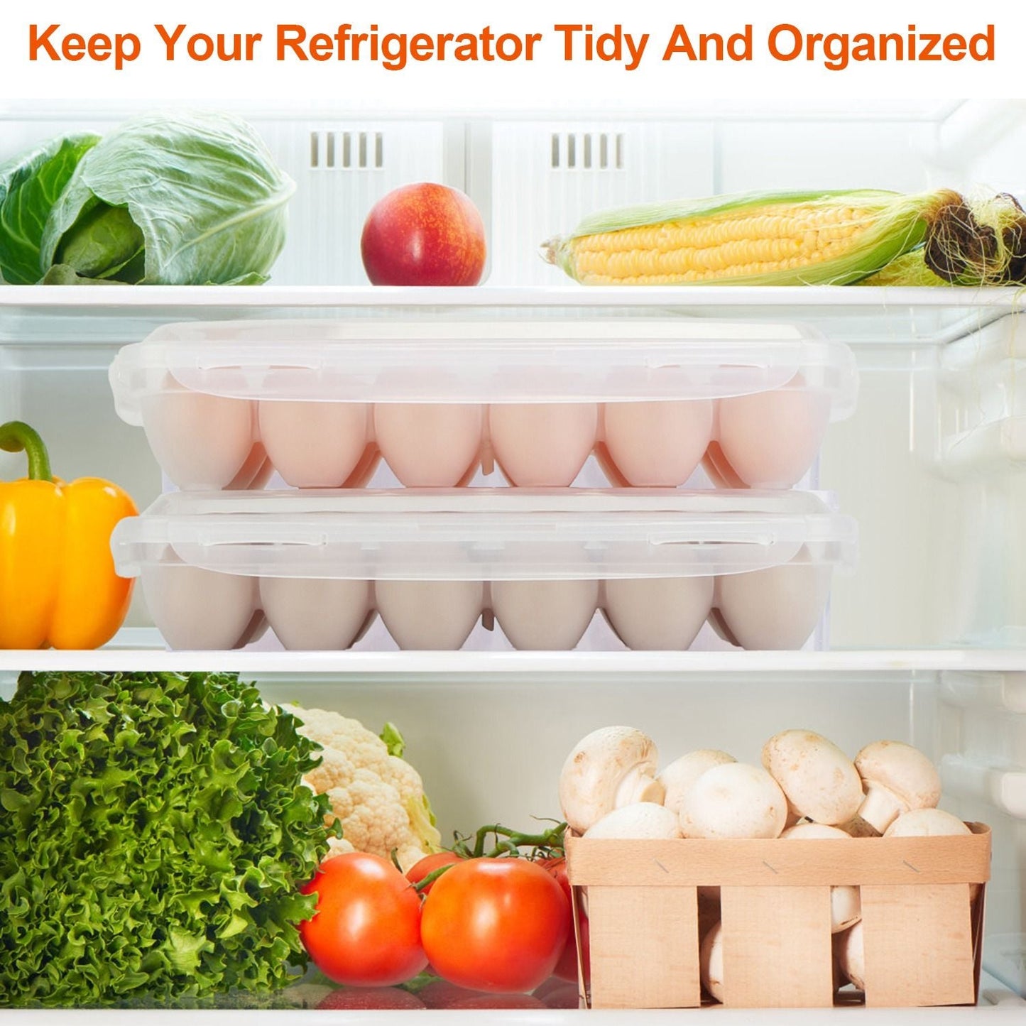 2Pcs Egg Holder Stackable Plastic Egg Storage Box Egg Rack for Refrigerator with 18 Cavity Per Container Dishwasher Safe