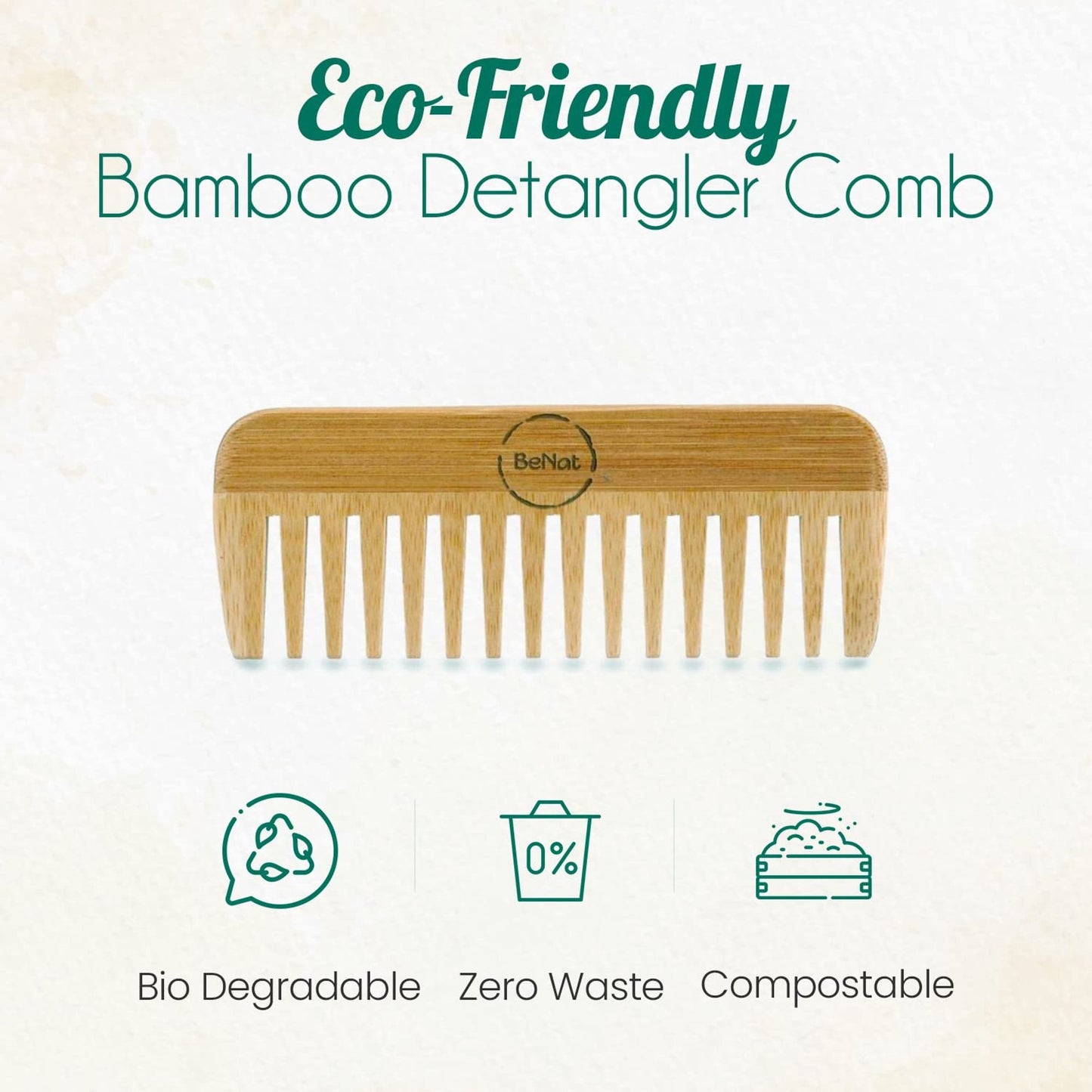 Bamboo detangling comb with wide teeth and rounded edge, natural brown