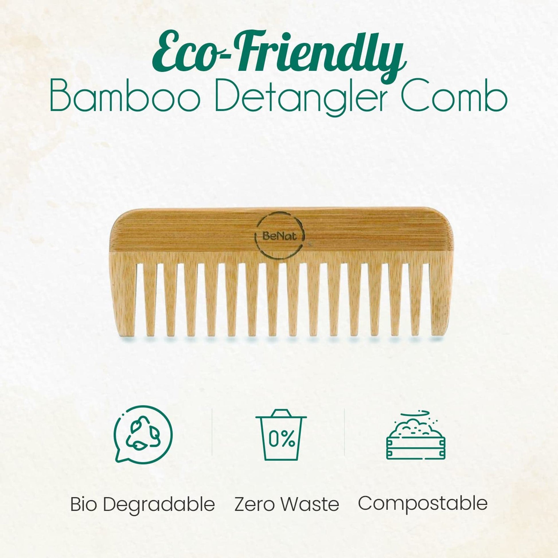 Bamboo detangling comb with wide teeth and rounded edge, natural brown