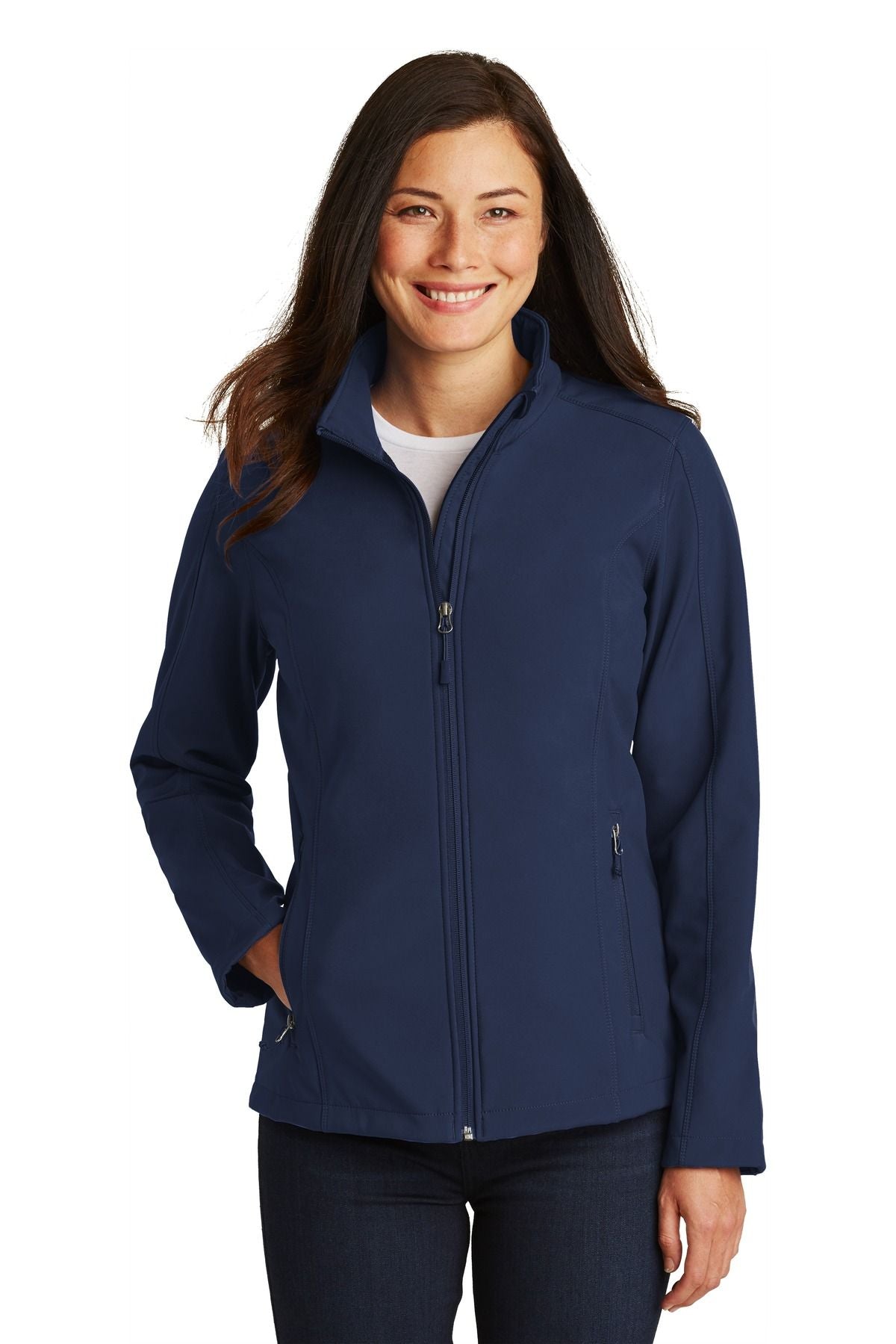 Ladies soft shell jacket in true royal blue with light blue contrast collar, full-zip, long sleeves.