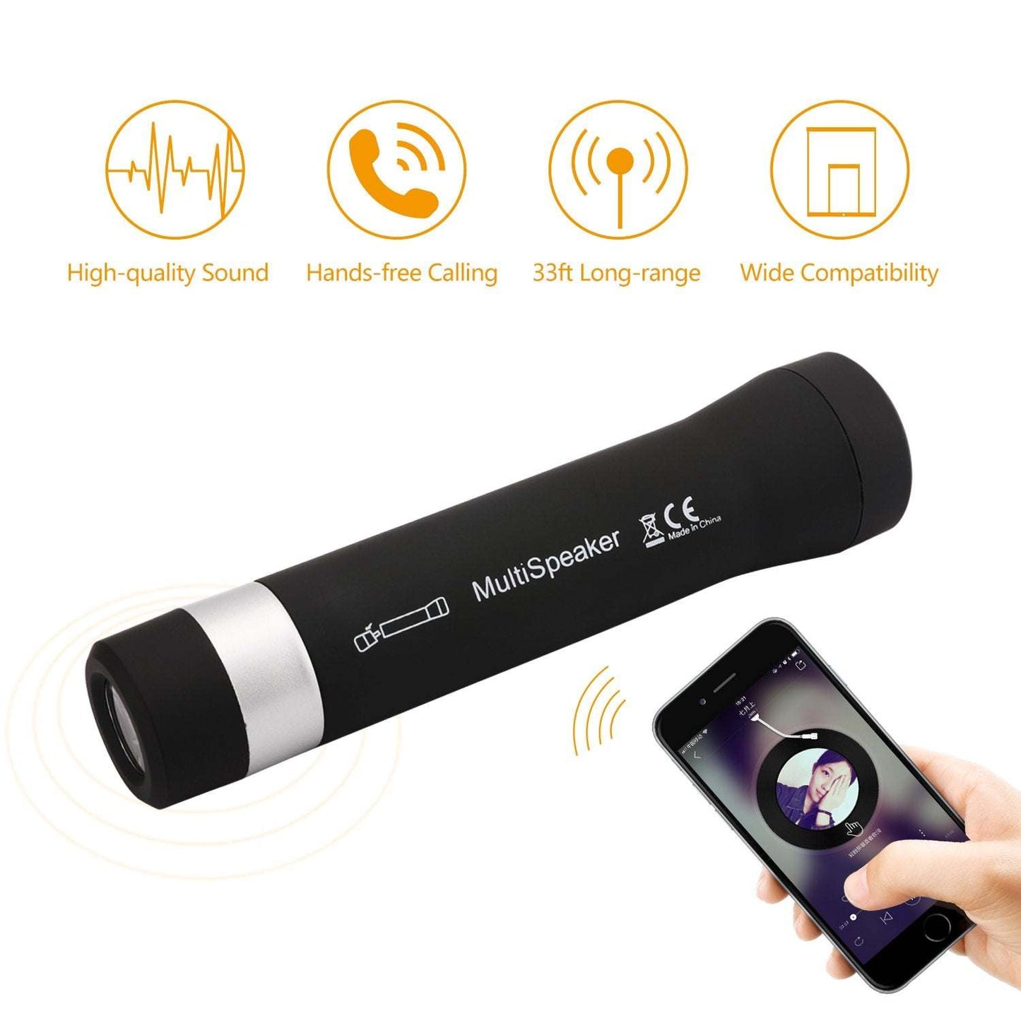 Black cylindrical MultiSpeaker Bluetooth speaker with silver band and buttons