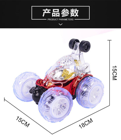 Mini RC stunt dump car with red body and clear wheels on product parameter diagram