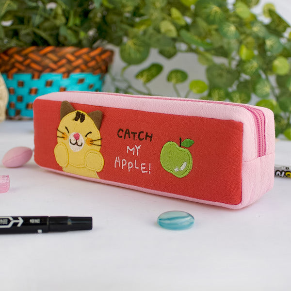 Embroidered cosmetic pouch, red with pink lining and zipper, cat face and green apple