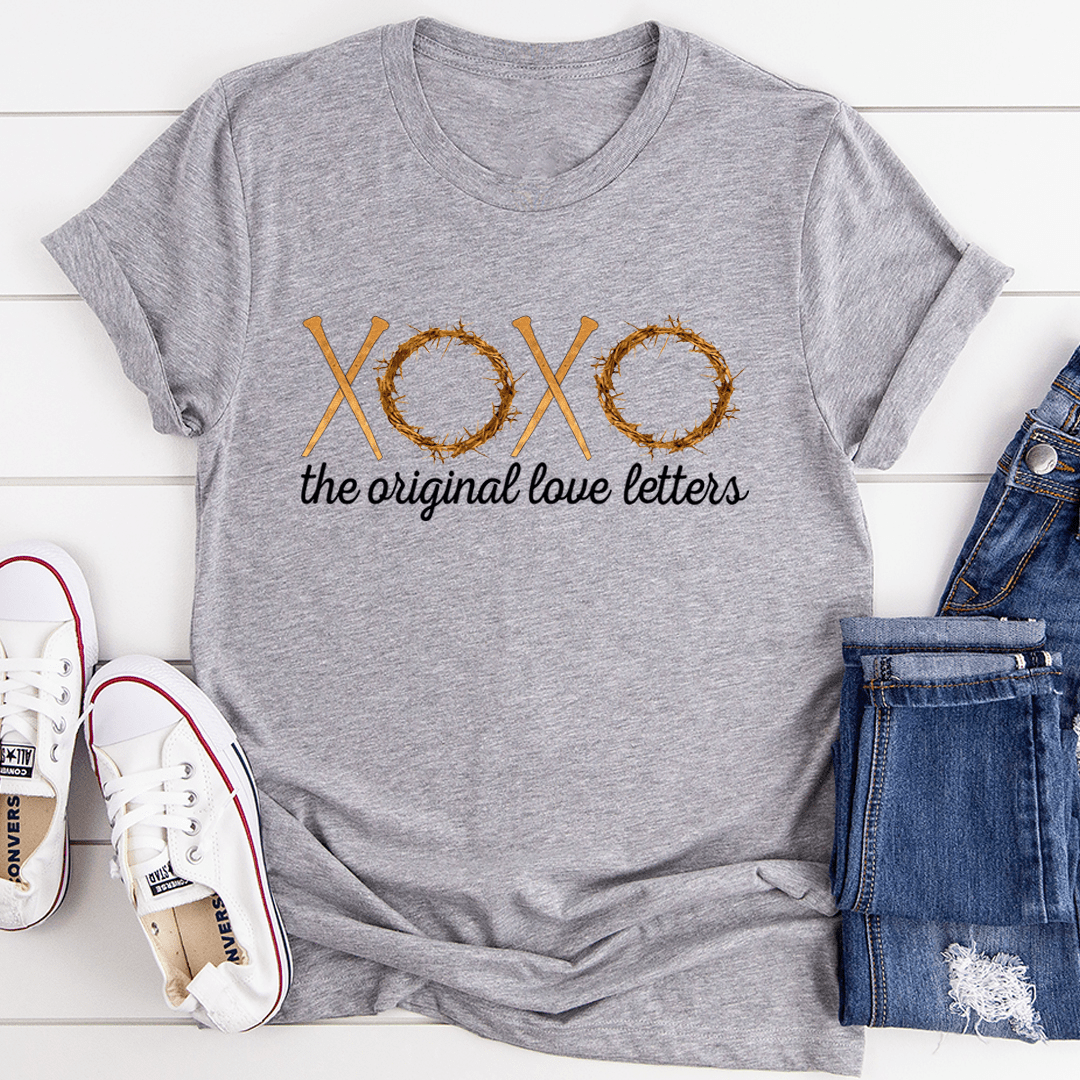 Heather gray T-shirt with XOXO graphic and “the original love letters” text