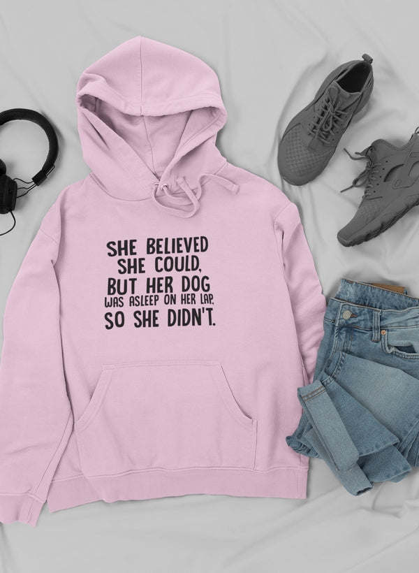Mauve pullover hoodie with hood, drawstring, front pocket, and printed quote.