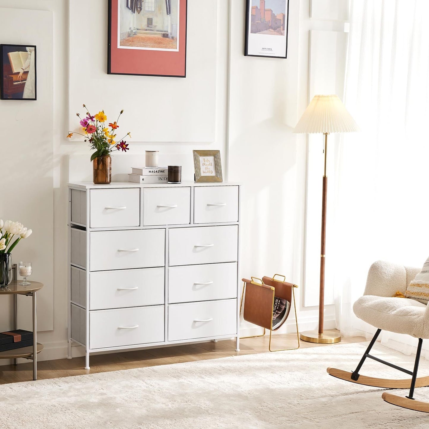 Dresser For Bedroom With 9 Fabric Storage Drawer Wardrobe Tall Chest Organizer Closet Adult Kids Clothes Cabinet Furniture