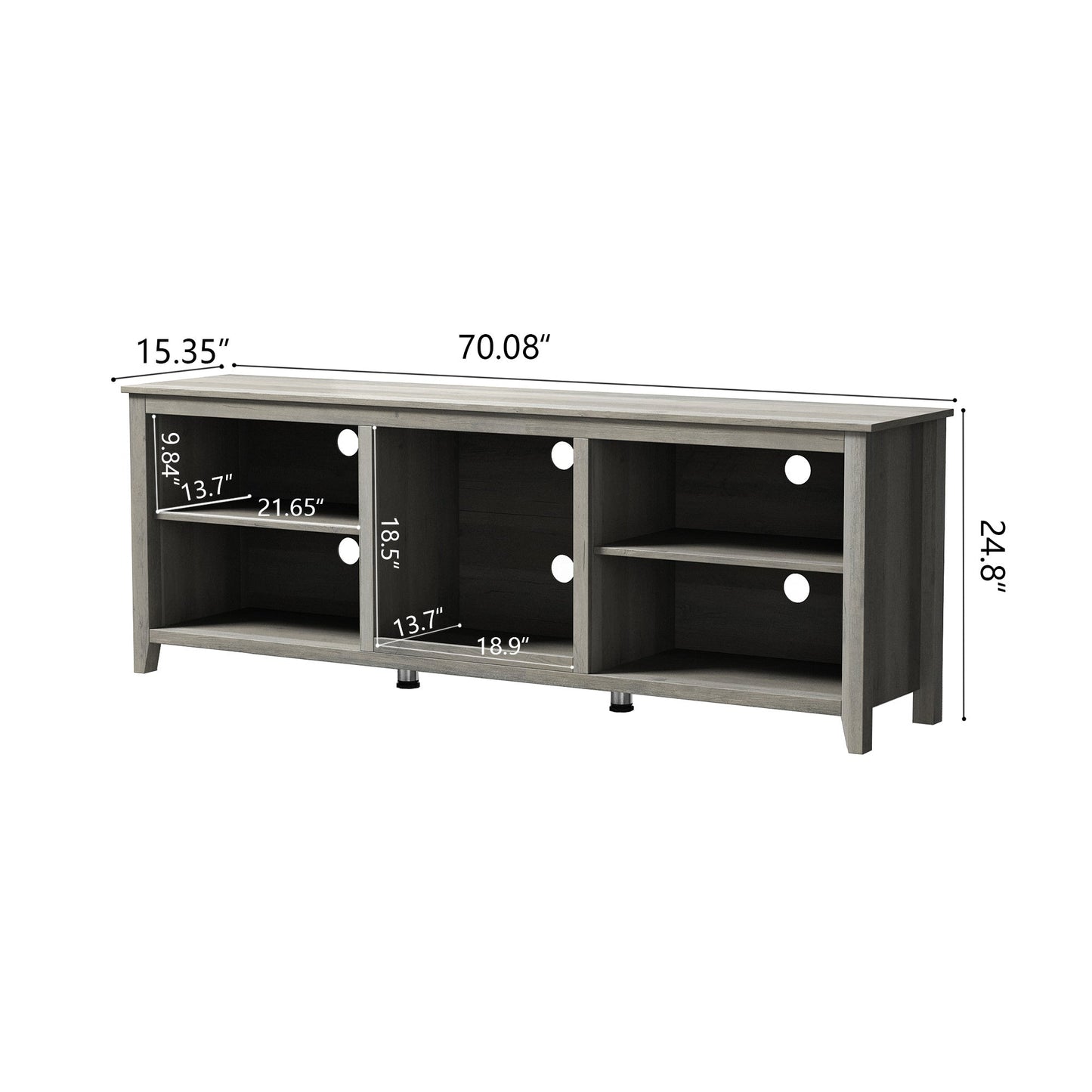 TV stand media console side profile with two open compartments, light gray and black interior