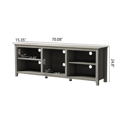 TV stand media console side profile with two open compartments, light gray and black interior