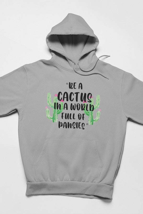 Athletic grey cactus graphic hoodie with front kangaroo pocket and drawstring hood