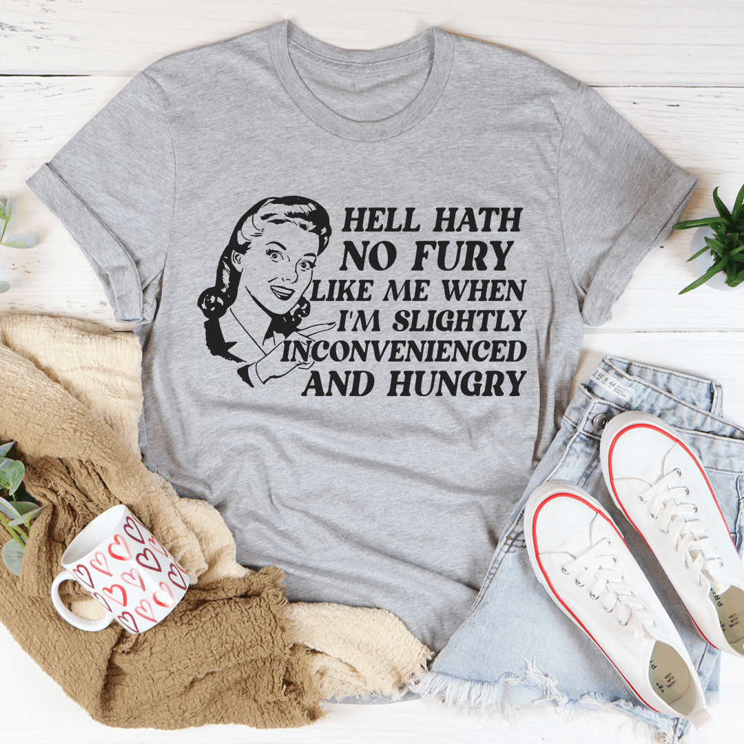 Gray crew-neck graphic T-shirt with quote and illustrated face front